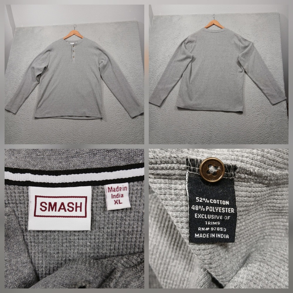 Smash Thermal Henley Shirt‎ Mens XL Gray Long Sleeve Waffle Knit